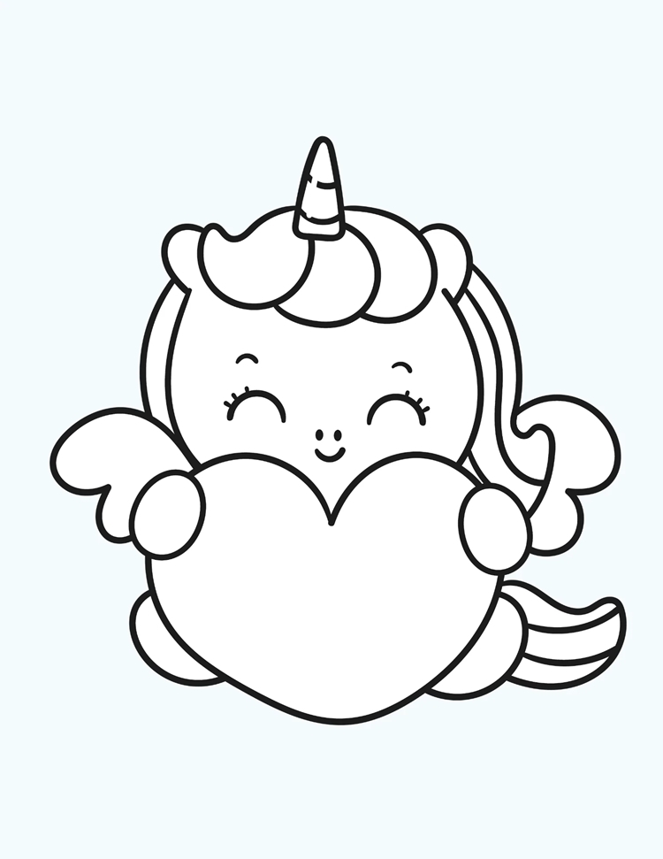 Desenho de unicórnio segurando um coração com uma pequena nuvem de animal  kawaii